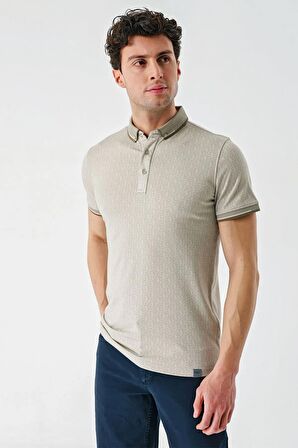 Taş Rengi Baskılı Oxford Düğmeli Yaka Cepli Pamuklu Casual Slim Fit Dar Kesim Tişört 1011240177