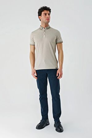 Taş Rengi Baskılı Oxford Düğmeli Yaka Cepli Pamuklu Casual Slim Fit Dar Kesim Tişört 1011240177