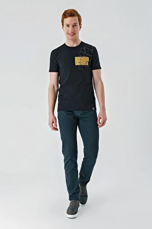 Siyah Baskılı Bez Ayağı Bisiklet Yaka Cepli %100 Pamuk Slim Fit Dar Kesim Tişört 1011240180