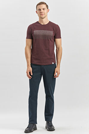 Mürdüm Baskılı Bez Ayağı Bisiklet Yaka Cepli %100 Pamuk Slim Fit Dar Kesim Tişört 1011240182