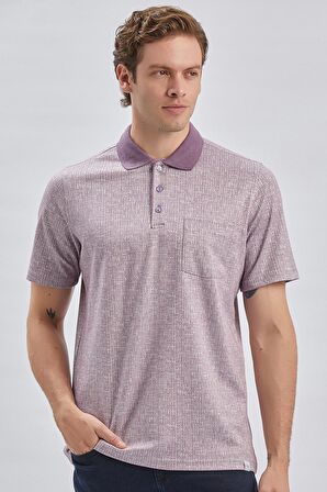 Lila Desenli Jakarlı Polo Yaka Cepli Garnili Pamuklu Comfort Fit Rahat Kesim Tişört 1011240184