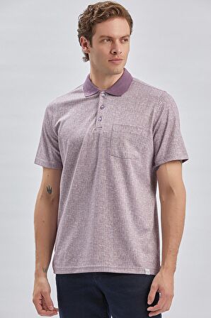 Lila Desenli Jakarlı Polo Yaka Cepli Garnili Pamuklu Comfort Fit Rahat Kesim Tişört 1011240184