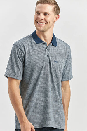 Koyu Lacivert Kısa Kol Kendinden Desenli Jakarlı Polo Yaka Classic Comfort Fit Tişört 1011240190