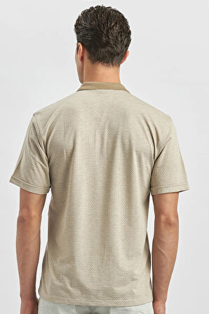 Taş Rengi Kısa Kol Kendinden Desenli Jakarlı Polo Yaka Classic Comfort Fit Tişört 1011240190