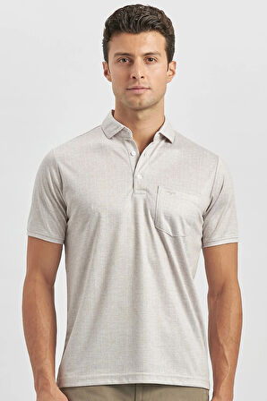 Bej Kısa Kol Kendinden Desenli Suprem Polo Yaka Classic Comfort Fit Tişört 1011240191