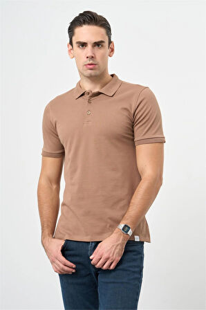 Sütlü Kahverengi Kısa Kol Düz Pike Polo Yaka Casual Slim Fit Tişört 1011240194