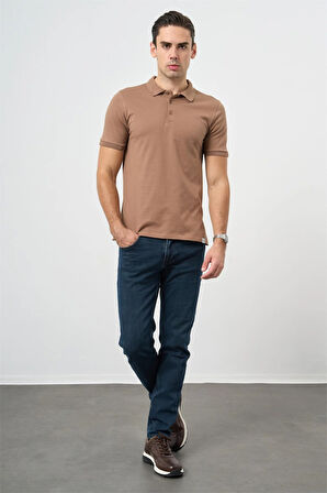 Sütlü Kahverengi Kısa Kol Düz Pike Polo Yaka Casual Slim Fit Tişört 1011240194