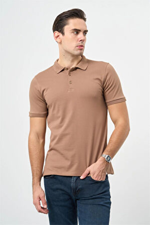 Sütlü Kahverengi Kısa Kol Düz Pike Polo Yaka Casual Slim Fit Tişört 1011240194