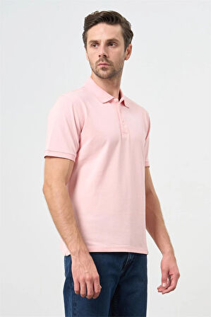 Pembe Kısa Kol Düz Pike Polo Yaka Casual Slim Fit Tişört 1011240194
