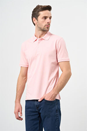 Pembe Kısa Kol Düz Pike Polo Yaka Casual Slim Fit Tişört 1011240194