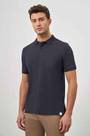 Lacivert Kısa Kol Düz Pike Polo Yaka Casual Comfort Fit Tişört 1011240195