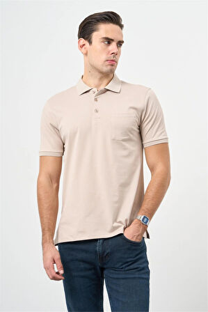 Açık Bej Kısa Kol Düz Pike Polo Yaka Casual Comfort Fit Tişört 1011240195