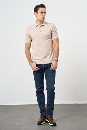 Açık Bej Kısa Kol Düz Pike Polo Yaka Casual Comfort Fit Tişört 1011240195