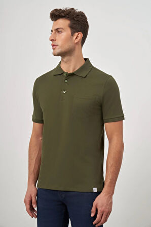 Koyu Haki Kısa Kol Düz Pike Polo Yaka Casual Comfort Fit Tişört 1011240195