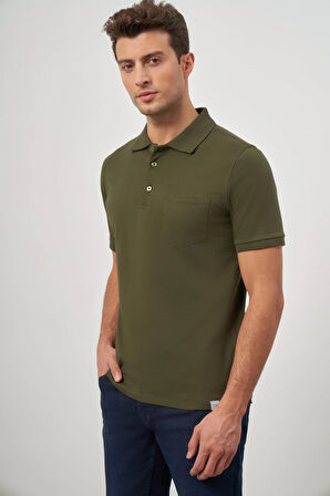 Koyu Haki Kısa Kol Düz Pike Polo Yaka Casual Comfort Fit Tişört 1011240195