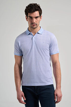 Koyu Mavi Kısa Kol Baskılı Pike Polo Yaka Cepsiz esnek Casual Slim Fit Tişört 1011250150