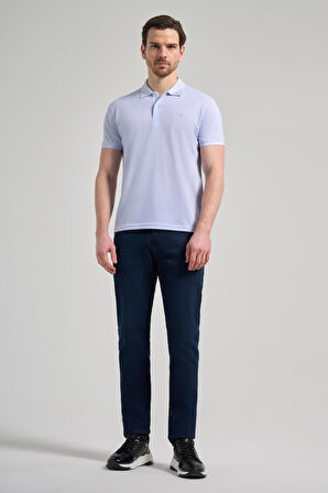 Koyu Mavi Kısa Kol Baskılı Pike Polo Yaka Cepsiz esnek Casual Slim Fit Tişört 1011250151