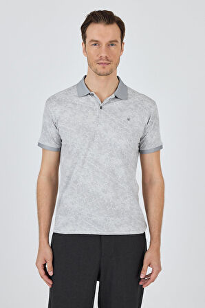 Gri Kısa Kol Baskılı Pike Polo Yaka Cepsiz esnek Casual Slim Fit Tişört 1011250152