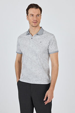 Gri Kısa Kol Baskılı Pike Polo Yaka Cepsiz esnek Casual Slim Fit Tişört 1011250152