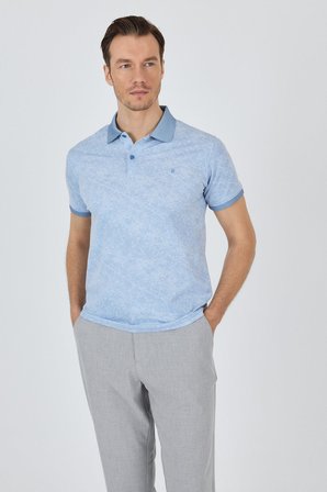 Koyu Mavi Kısa Kol Baskılı Pike Polo Yaka Cepsiz esnek Casual Slim Fit Tişört 1011250152