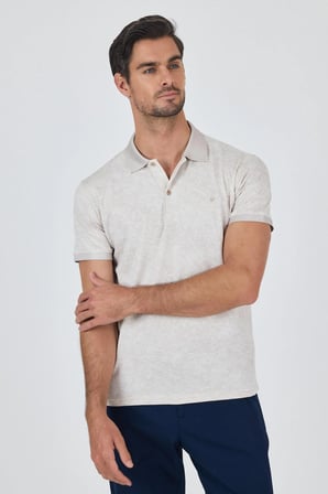 Açık Bej Kısa Kol Baskılı Pike Polo Yaka Cepsiz esnek Casual Slim Fit Tişört 1011250152