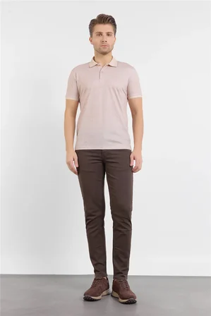Koyu Bej Kısa Kol Baskılı Pike Polo Yaka Cepsiz esnek Casual Slim Fit Tişört 1011250153