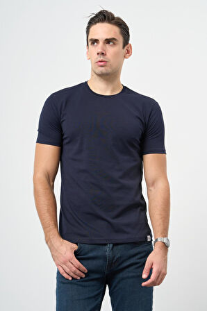 Koyu Lacivert Kısa Kol Düz Bez Ayağı Bisiklet Yaka Casual Slim Fit Tişört 1011245193