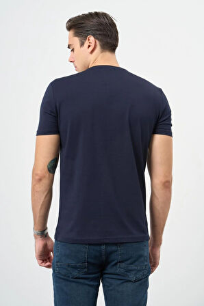 Koyu Lacivert Kısa Kol Düz Bez Ayağı Bisiklet Yaka Casual Slim Fit Tişört 1011245193