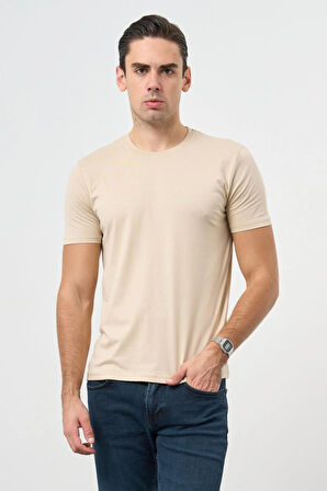 Bej Kısa Kol Düz Bez Ayağı Bisiklet Yaka Casual Slim Fit Tişört 1011245193