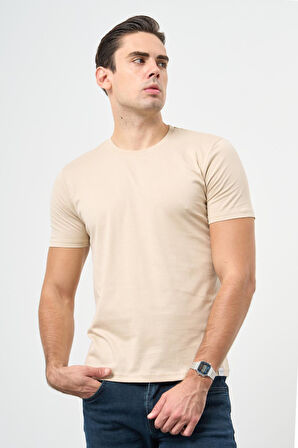 Bej Kısa Kol Düz Bez Ayağı Bisiklet Yaka Casual Slim Fit Tişört 1011245193