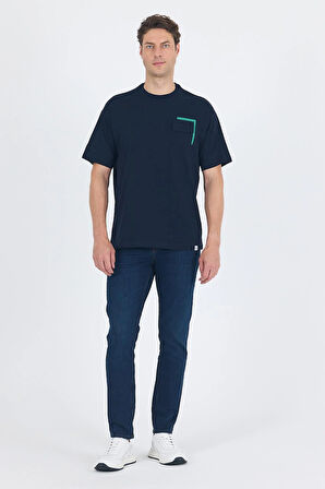 Koyu Lacivert Kısa Kol Bisiklet Yaka Kapaklı Cep Pamuk Casual Oversize Tişört 1011250131