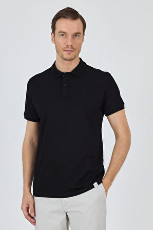 Siyah Kısa Kol Düz Pike Polo Yaka Cepsiz Pamuk Casual Slim Fit Tişört 1011250157_001