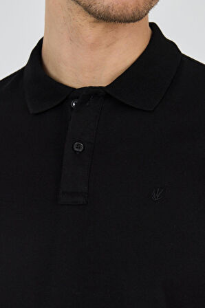 Siyah Kısa Kol Düz Pike Polo Yaka Cepsiz Pamuk Casual Slim Fit Tişört 1011250157_001