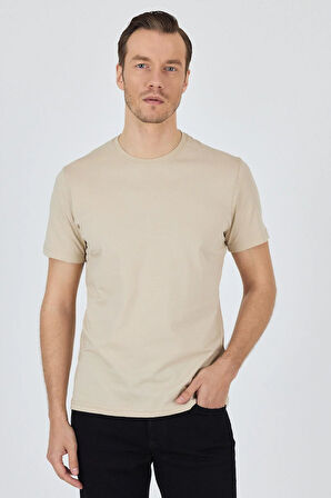 Bej Kısa Kol Bisiklet Yaka Cepsiz Pamuk Casual Slim Fit Tişört 1011250158