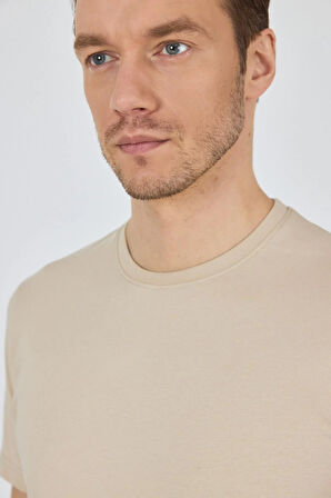 Bej Kısa Kol Bisiklet Yaka Cepsiz Pamuk Casual Slim Fit Tişört 1011250158