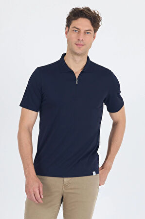 Koyu Lacivert Kısa Kol Düz Suprem Polo Yaka Cepsiz Esnek Casual Slim Fit Tişört 1011250161_200