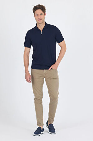 Koyu Lacivert Kısa Kol Düz Suprem Polo Yaka Cepsiz Esnek Casual Slim Fit Tişört 1011250161_200
