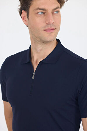 Koyu Lacivert Kısa Kol Düz Suprem Polo Yaka Cepsiz Esnek Casual Slim Fit Tişört 1011250161_200