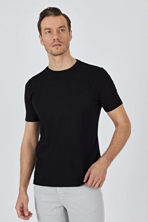Siyah Kısa Kol Bisiklet Yaka Cepsiz Pamuklu Casual Slim Fit Tişört 1011250165