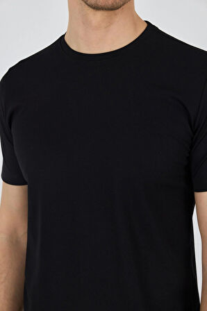 Siyah Kısa Kol Bisiklet Yaka Cepsiz Pamuklu Casual Slim Fit Tişört 1011250165