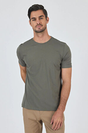 Koyu Haki Kısa Kol Bisiklet Yaka Cepsiz Pamuklu Casual Slim Fit Tişört 1011250165