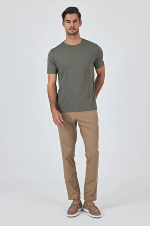 Koyu Haki Kısa Kol Bisiklet Yaka Cepsiz Pamuklu Casual Slim Fit Tişört 1011250165