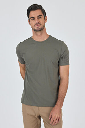 Koyu Haki Kısa Kol Bisiklet Yaka Cepsiz Pamuklu Casual Slim Fit Tişört 1011250165