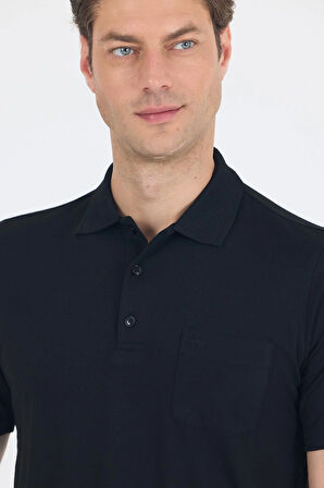 Siyah Kısa Kol Polo Yaka Cepli Classic Standart Beden Tişört 1011250173