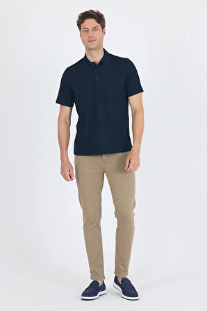 Koyu Lacivert Kısa Kol Polo Yaka Cepli Classic Standart Beden Tişört 1011250173