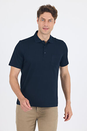 Koyu Lacivert Kısa Kol Polo Yaka Cepli Classic Standart Beden Tişört 1011250173