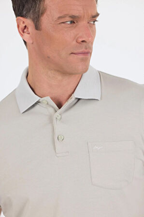 Açık Bej Kısa Kol Polo Yaka Cepli Classic Standart Beden Tişört 1011250173