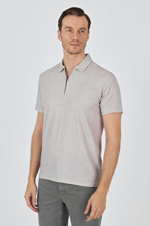 Bej Polo Yaka Kısa Kol Cepsiz Slim Fit Classic Tişört 1011250176