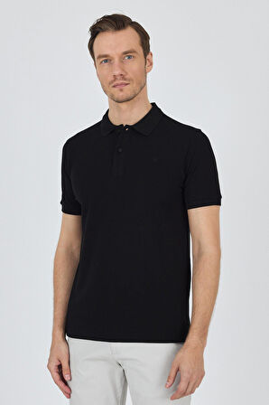Siyah Polo Yaka Kısa Kol Cepsiz Slim Fit Classic Pamuklu Tişört 1011250177