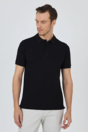 Siyah Polo Yaka Kısa Kol Cepsiz Slim Fit Classic Pamuklu Tişört 1011250177